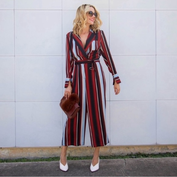 NEW TOPSHOP Striped Midi Jumpsuit Business Casual Straight Leg Ankle Pant 2 - Picture 1 of 9